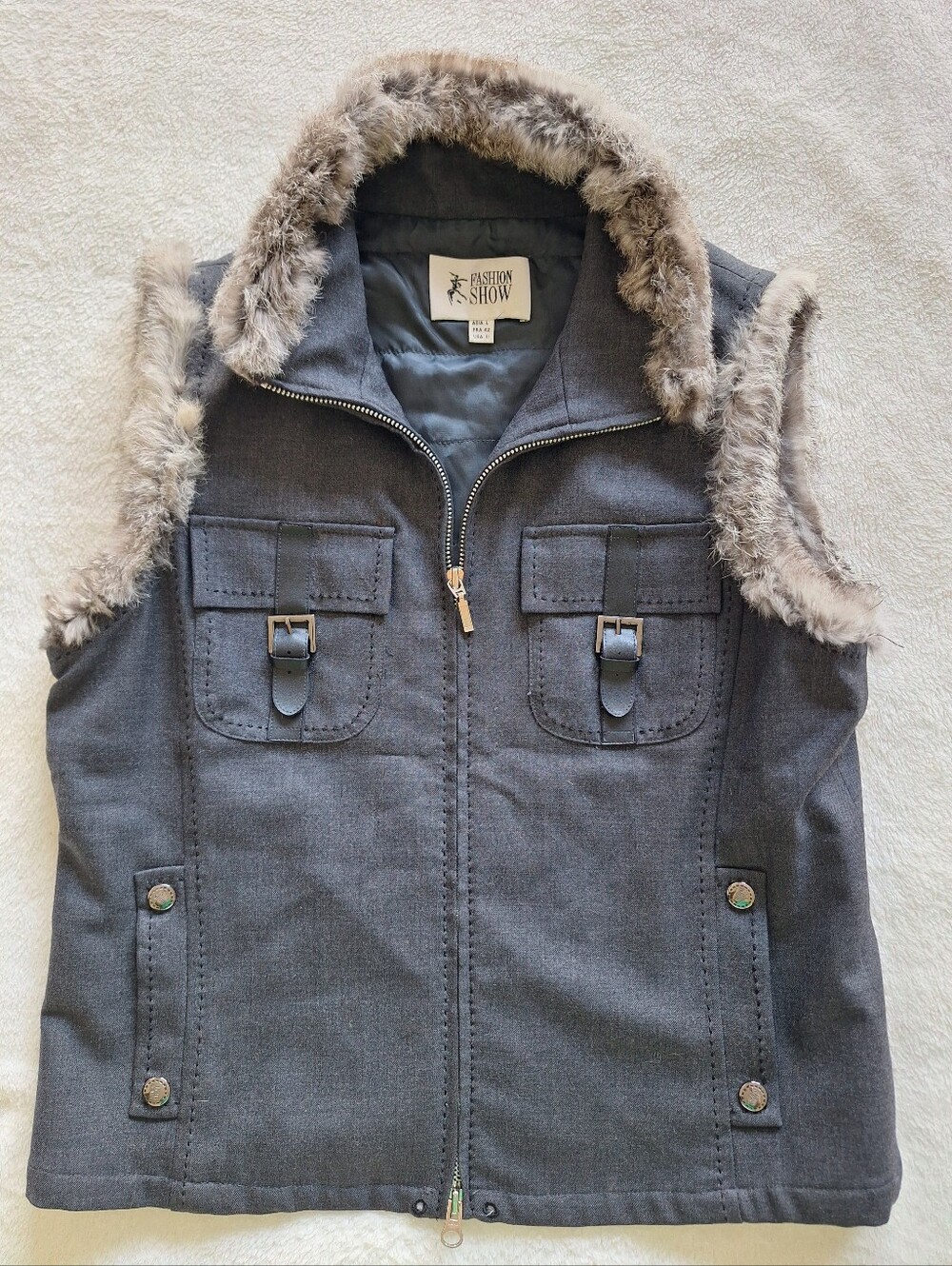 Fashion Show 65% Wool Blend Vest Genuine Rabbit Fur Trim Juniors 11 Fits S/M